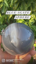 Load and play video in Gallery viewer, Blue Agate Sphere with Quartz Crystal Inclusions - Polished
